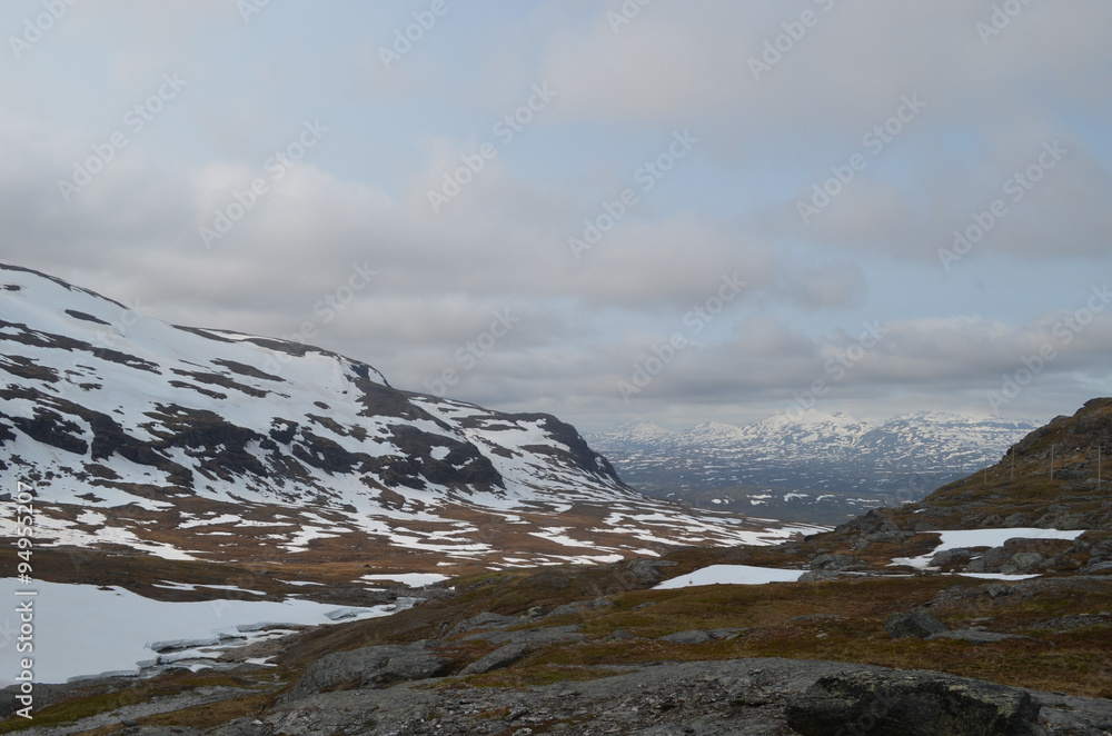 Valley with melting snow patches, subarctic Swedish Lapland