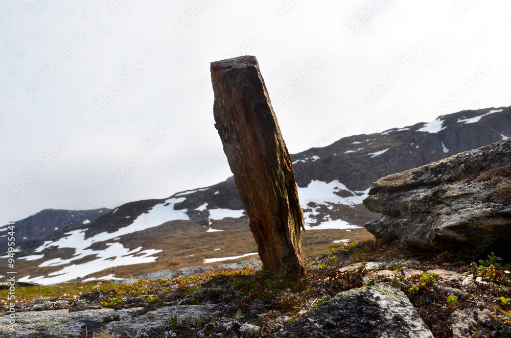 Stone standing upright in subarctic mountains, Swedish Lapland Stone standing upright in subarctic mountains, Swedish Lapland