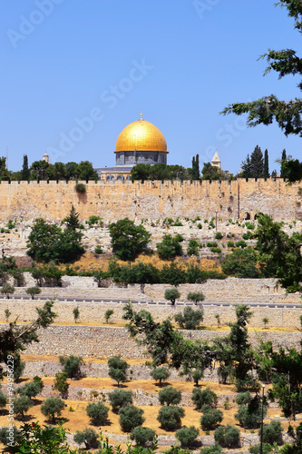 view of the golden Dome of the Rock of Al Aqsa Mosque from the Mount of Olives, Jerusalem, Israel