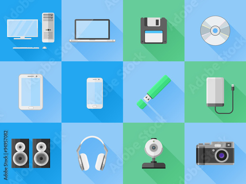 Set of electronic and computer devices flat icons. Vector illustration.