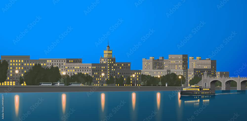 Color images of the city in the evening on the river bank. Poster. Background.