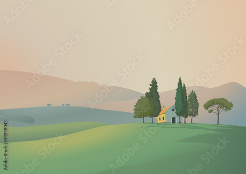 Vector illustration of beautiful rural landscape, with the comfortable house, trees, cows and hills in the background. Empty space leaves room for design elements, signs or text. Poster. Background.