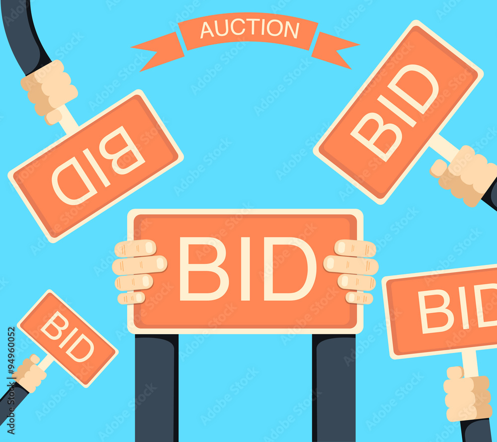Auction and bidding banner with hands holding bords Auction and bidding banner with hands holding bords