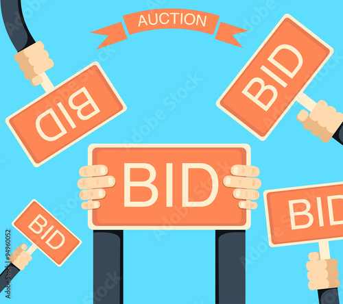 Auction and bidding banner with hands holding bords