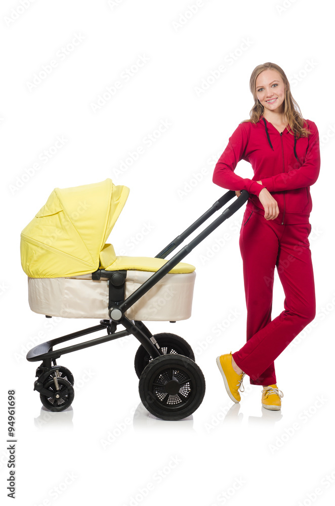 Woman with pram isolated on white Woman with pram isolated on white