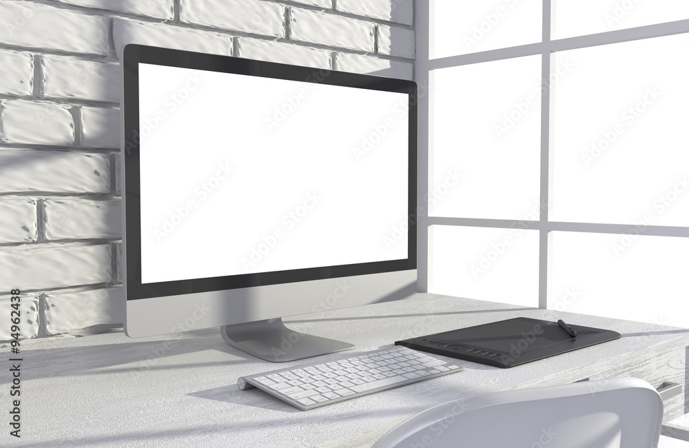 Fototapeta premium 3D illustration PC screen on table in office, Workspace