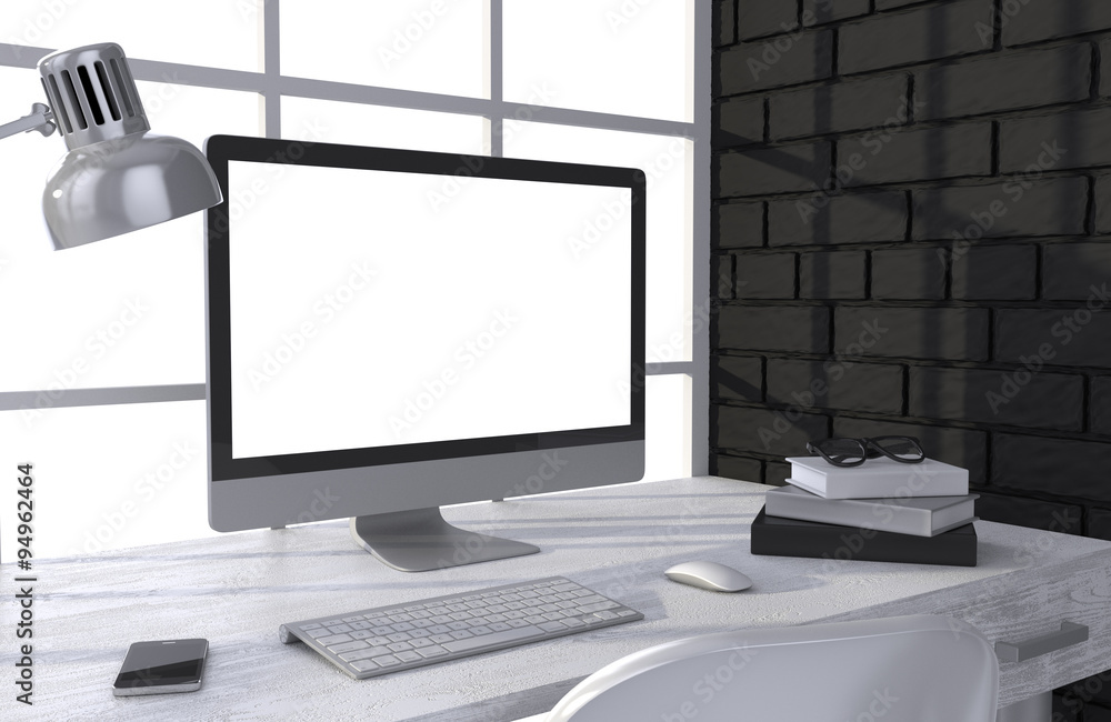 3D illustration PC screen on table in office, Workspace 3D illustration PC screen on table in office, Workspace