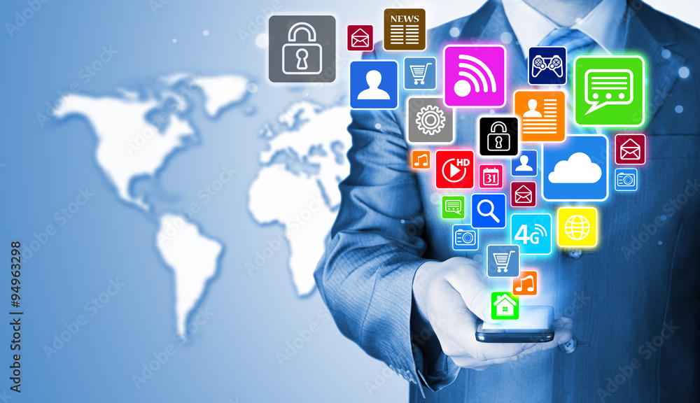 Business man using smart phone with social media icon set Business man using smart phone with social media icon set