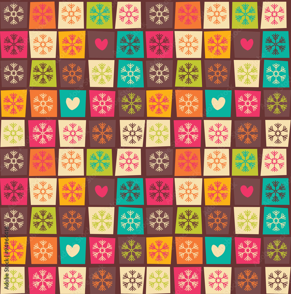 Seamless patterns with colorful squares and snowflakes