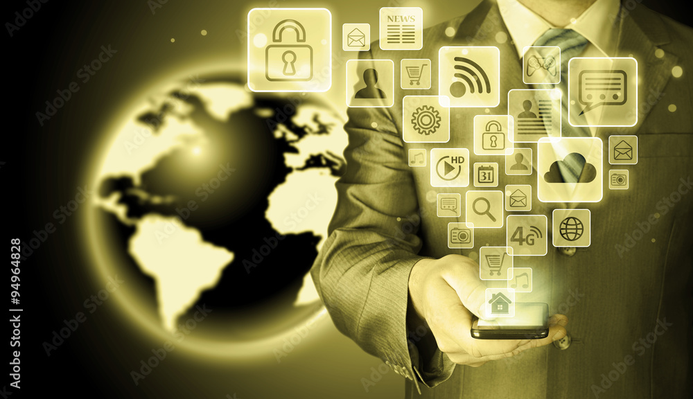 Business man using smart phone with social media icon set Business man using smart phone with social media icon set