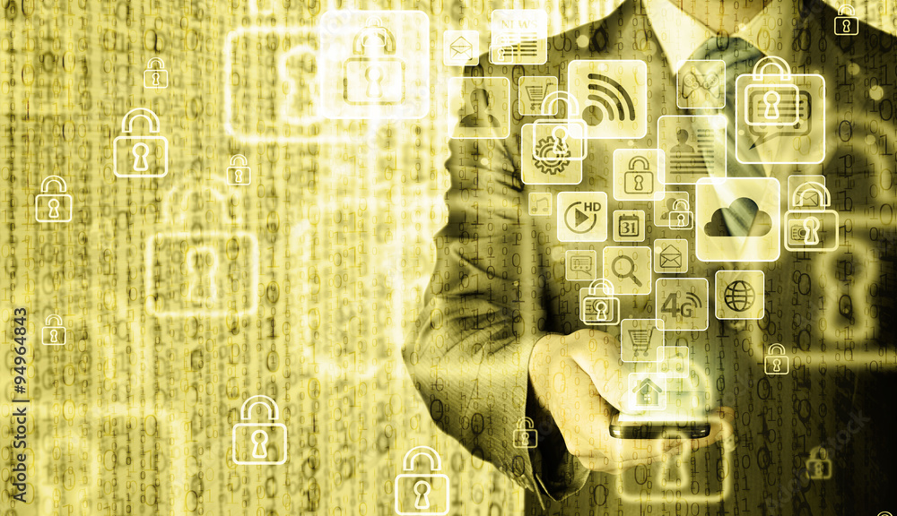 Business man using smart phone with social media icon set