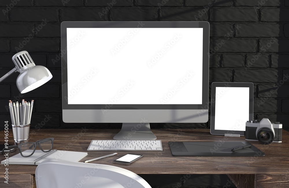 Fototapeta premium 3D illustration PC screen on table in office, Workspace