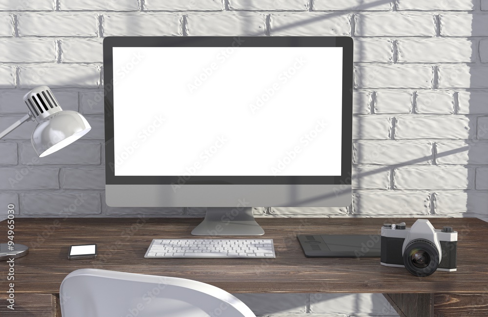 Fototapeta premium 3D illustration PC screen on table in office, Workspace