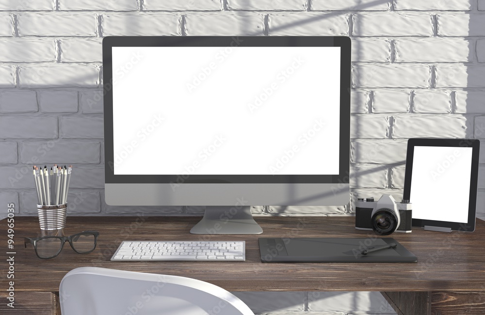 Fototapeta premium 3D illustration PC screen on table in office, Workspace