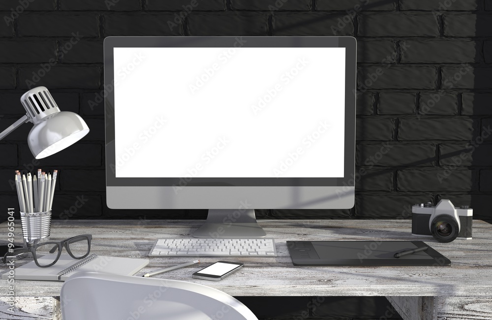 Fototapeta premium 3D illustration PC screen on table in office, Workspace