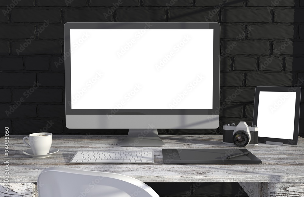 Fototapeta premium 3D illustration PC screen on table in office, Workspace