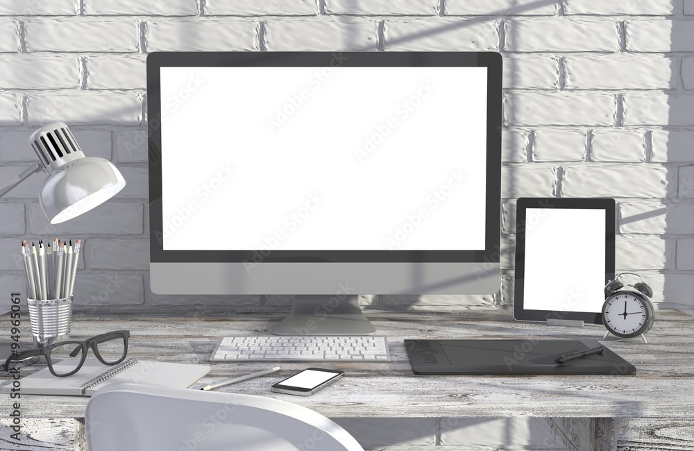 Fototapeta premium 3D illustration PC screen on table in office, Workspace
