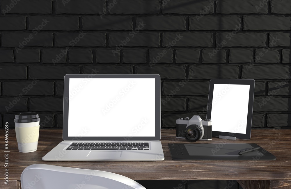 Fototapeta premium 3D illustration laptop and work stuff on table near brick wall, Workspace
