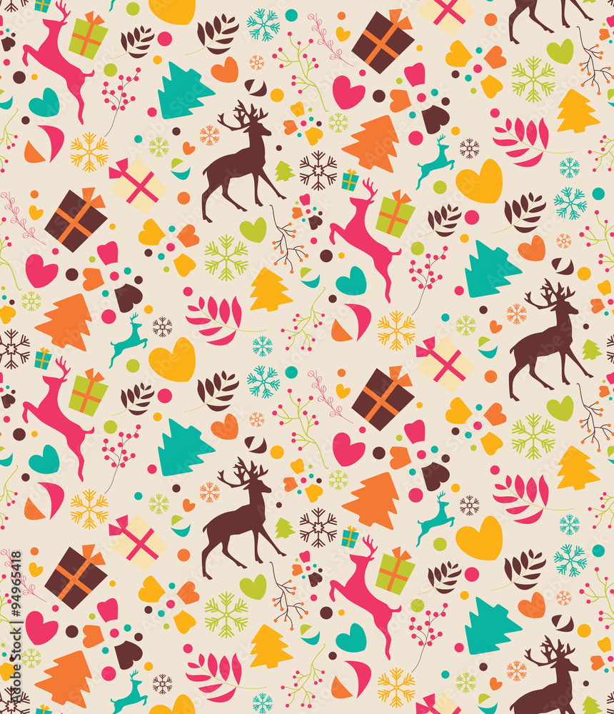 Seamless patterns with Christmas trees, reindeers, gift boxes an Seamless patterns with Christmas trees, reindeers, gift boxes an