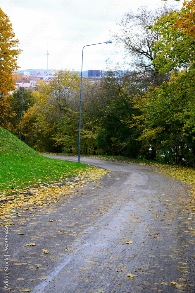 Autumn way to the three cross hill in Vilnius town