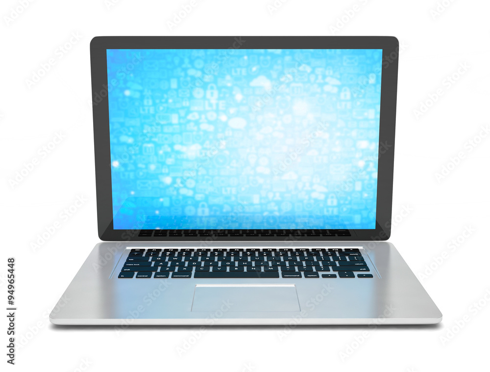 3d rendering of a laptop with blue wallpaper with app icon 3d rendering of a laptop with blue wallpaper with app icon