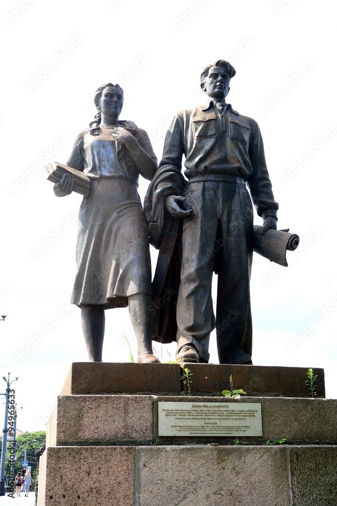 Vilnius city centre green bridge sculptures on July 09, 2015