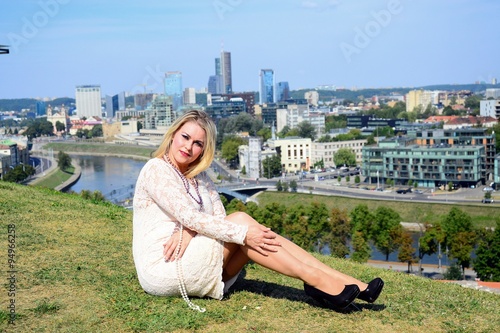 Obraz na płótnie Beautiful girl in Vilnius town on Gediminas castle hill w salonie