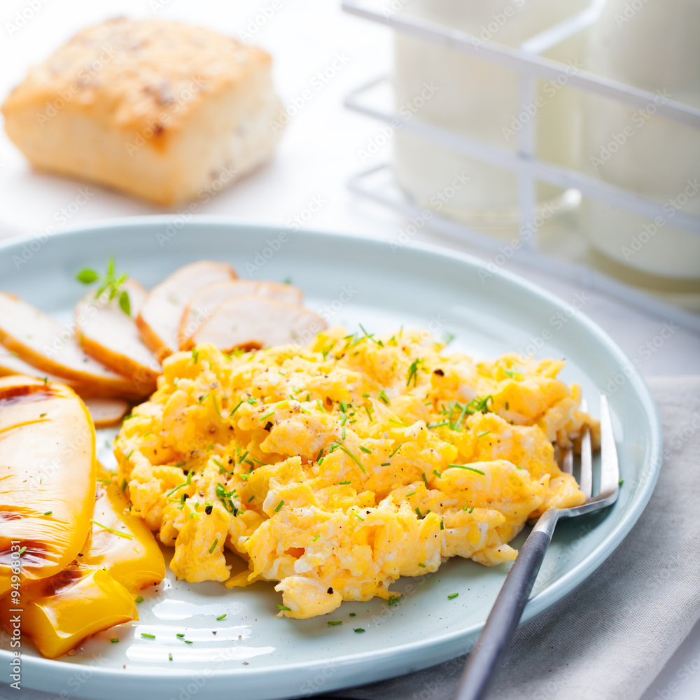 Scrambled eggs, omelet, sweet pepper and hot smocked chicken, ham. Scrambled eggs, omelet, sweet pepper and hot smocked chicken, ham.