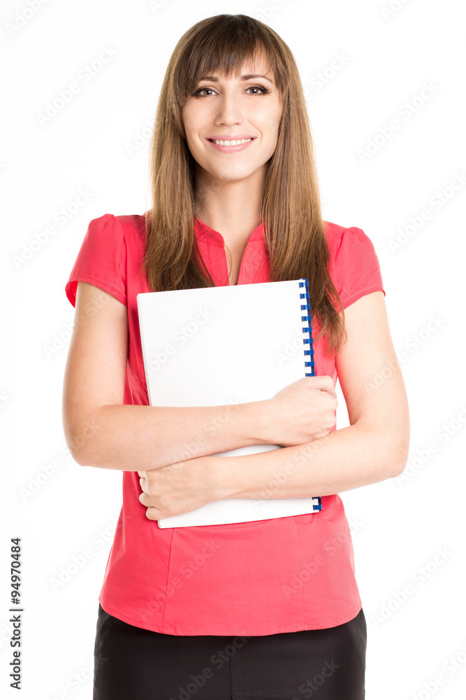 Young happy woman holding exercise book or course book Young happy woman holding exercise book or course book