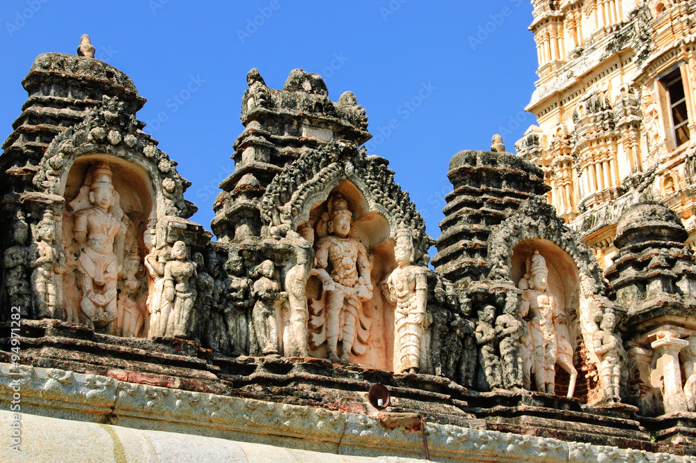 Detail of Shiva-Virupaksha Temple located in the ruins of ancient city Vijayanagar at Hampi, India
