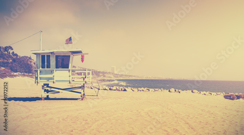 Old film retro stylized lifeguard tower, Santa Monica, USA