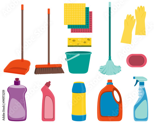Set tools for cleaning isolated on white background. Vector illustration