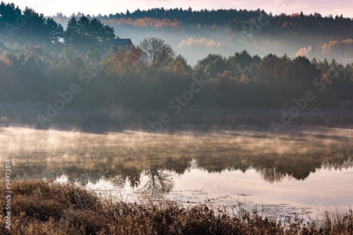 Morning lake at frosty autumn