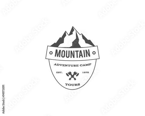 Vintage mountain trekking, climbing hiking camping badge, outdoor logo, emblem and label concept for web, print. Retro stylish monochrome design. Easy to change color. Vector