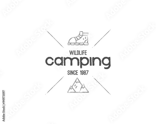 Vintage mountain camping badge, outdoor logo, emblem and label concept for web, print. Retro stylish monochrome design. Easy to change color. Vector