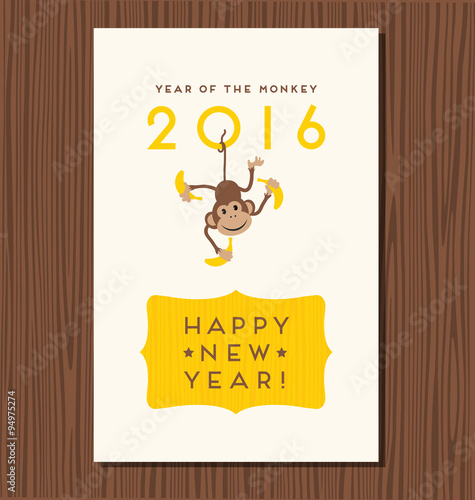 year of the monkey,  happy new year 2016 vector design with cute hanging monkey