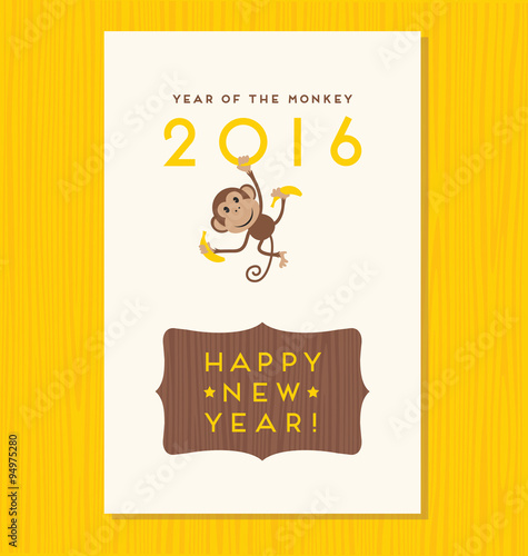 year of the monkey,  happy new year 2016 vector design with cute hanging monkey