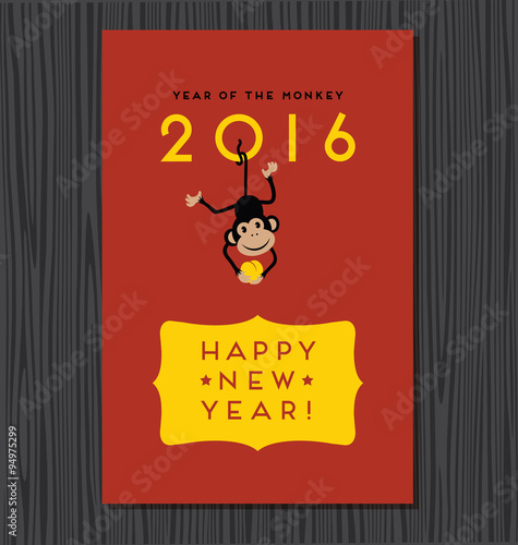 year of the monkey,  happy new year 2016 vector design with cute hanging monkey
