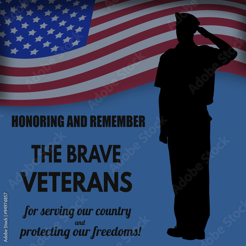 US Army soldier saluting the american flag on blue background