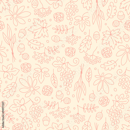 Seamless pattern with grapes, acorns, leaves and flowers. Beautiful background for Thanksgiving