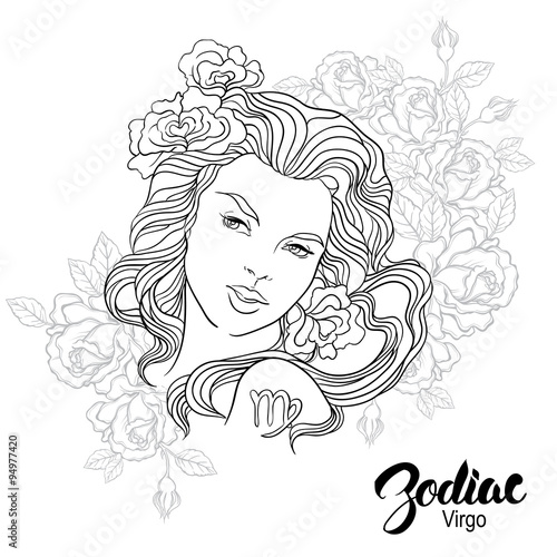 Zodiac. Vector illustration of Virgo as girl with flowers. 