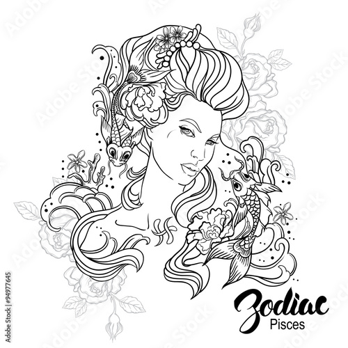 Zodiac. Vector illustration of Pisces as girl with flowers. 