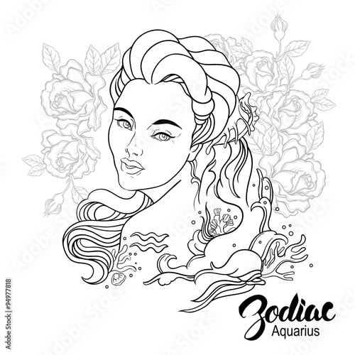 Zodiac. Vector illustration of Aquarius as girl with flowers. 