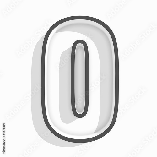 white isolated number 0 zero in white background with shadow