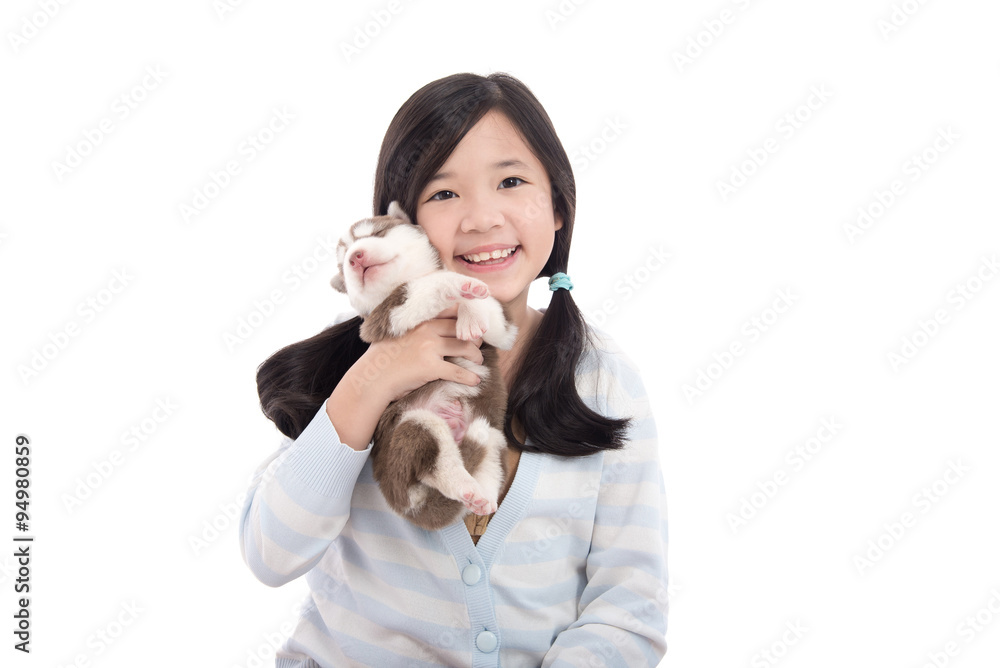 Beautiful asian girl holding newborn puppy and kitten Beautiful asian girl holding newborn puppy and kitten