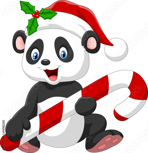 Fototapeta Naklejka Na Ścianę i Meble -  Cartoon funny baby bear holding Christmas candy