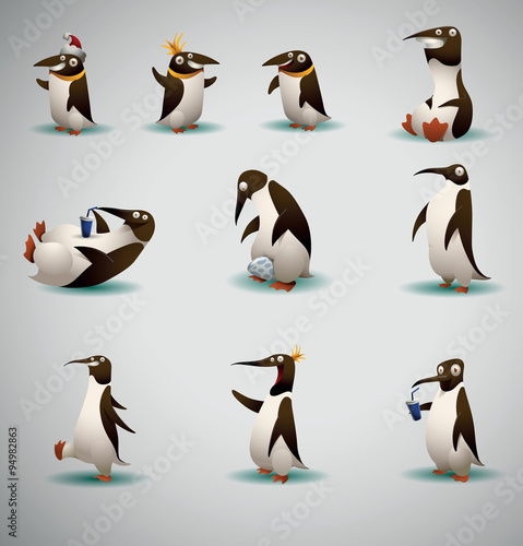 Vector Set of Funny Penguins. Cartoon image of ten funny penguins of various shapes  on a light background.