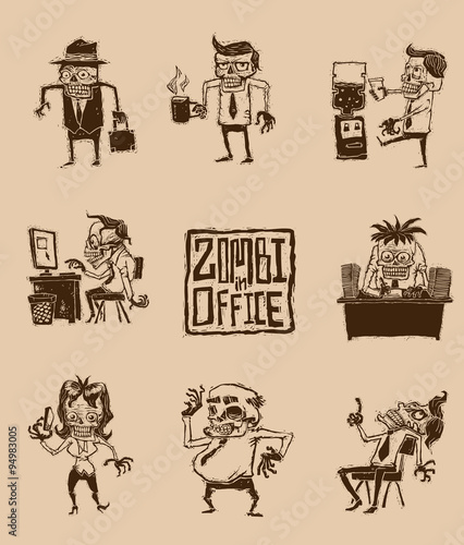 Vector Set of Zombies in office. Cartoon image of a set zombies in office. Stylized engraving. Brown color on a gray background.