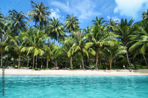 Lovely White Sand Beach with Turquoise Water and Green Palm Trees on Tropical Isle