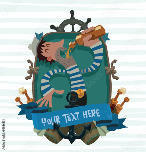 Vector cartoon image of the turquoise Marine emblem with a drunken sailor in black trousers, white and blue striped vest and a white sailor hat drinking beer from a bottle on a light background. © Ivan Nikulin